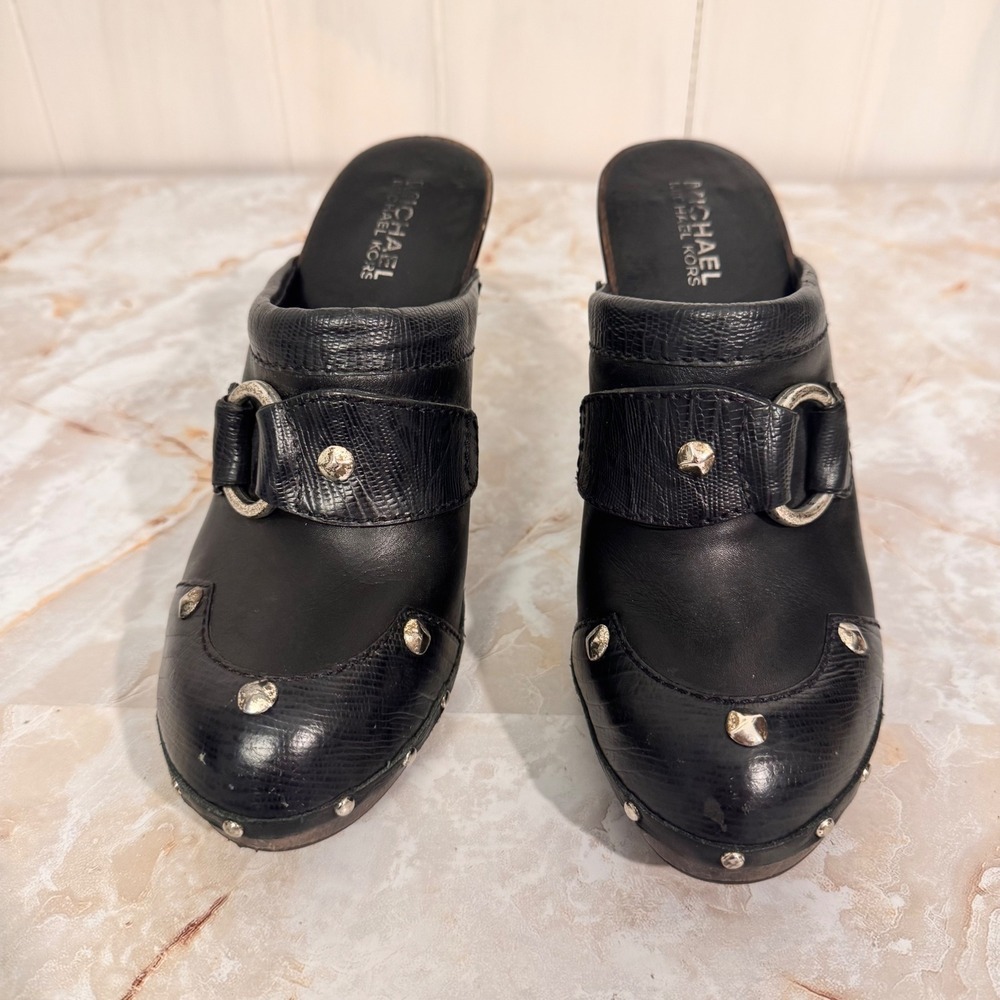 Michael Kors Clog Mules Women 6.5 Black Studded Leather Wood Heel Platform Boho